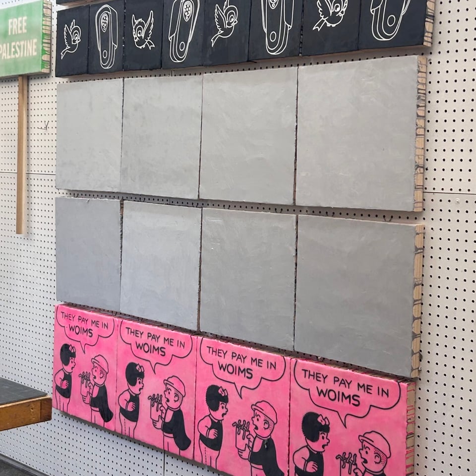 In progress painting in the art studio. Eight 16x16 gray panels. Below are four pink panels with a Nancy cartoon where Sluggo is upset they pay him in WOIMS. Above are little black panels with birds and Flock cameras.