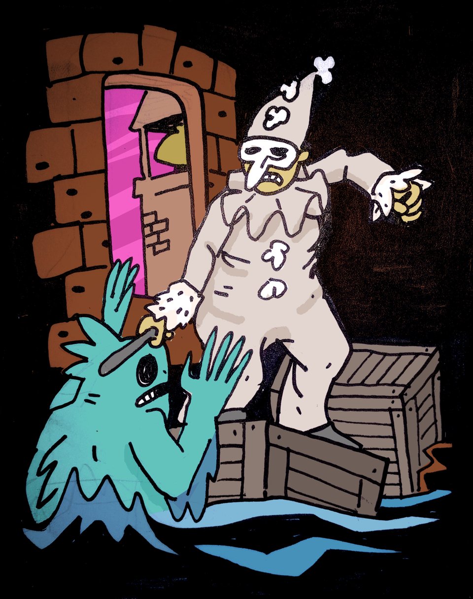 A clown bonking a fish man with a club