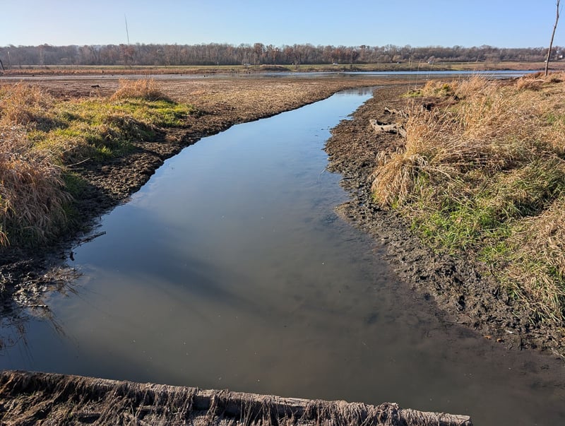 The pond outflow at Pleasant Valley Lakelet in a recent photo. We’re often at the mercy of beavers to keep the lakelet’s level up. Right now it’s low. / Photo by Jake Gaster