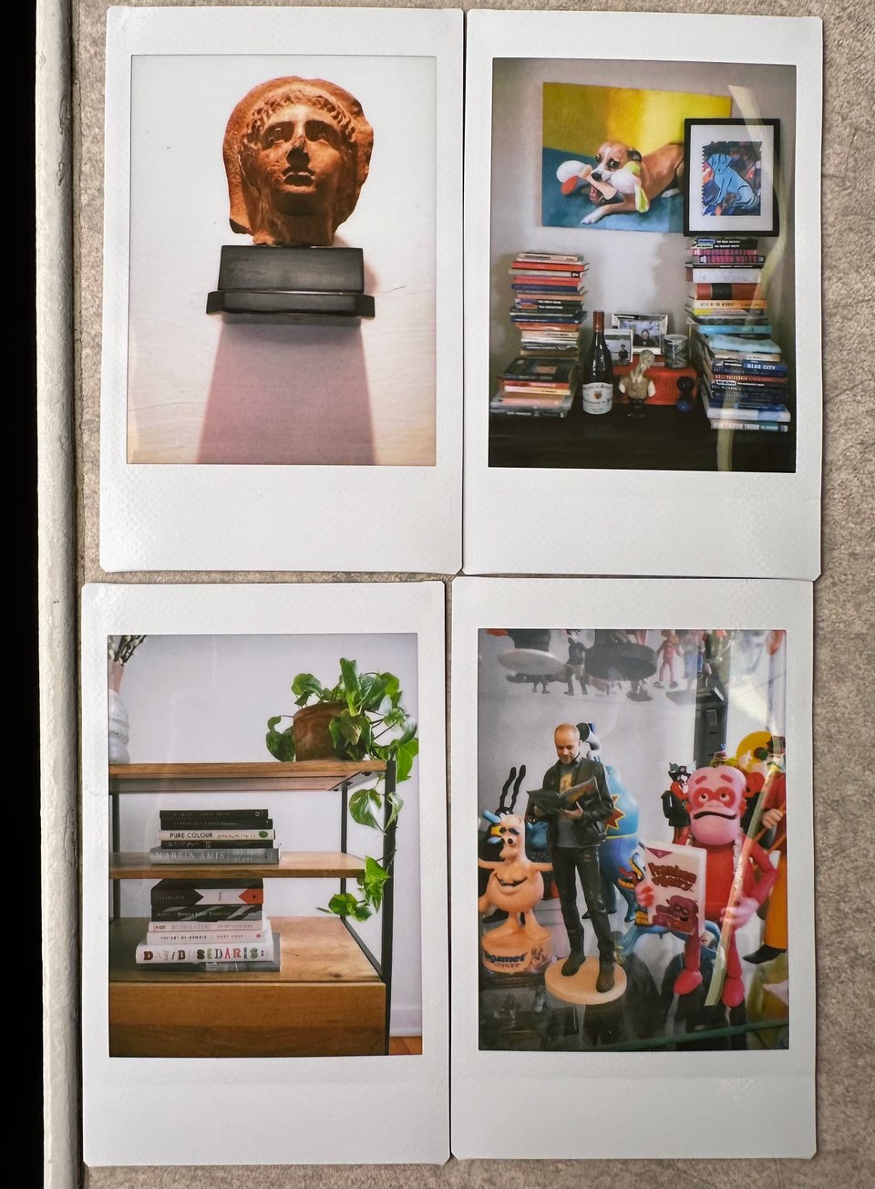Montage of 4 Instax prints: top left, a sculpture of a Roman head on a small sconce, with a shadow below; top right, several stack of books and a pair of paintings of an energetic dog; bottom left, two very neat stacks of books on a wood & metal console table, with a leafy plant on the level above the books; bottom right, a collection of various pop-culture figurines, including Frankenberry and a 3-D model of the artist Bob Fingerman