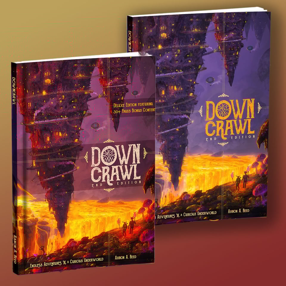 Two variant cover designs for the Downcrawl 2E hardcover rulebook.