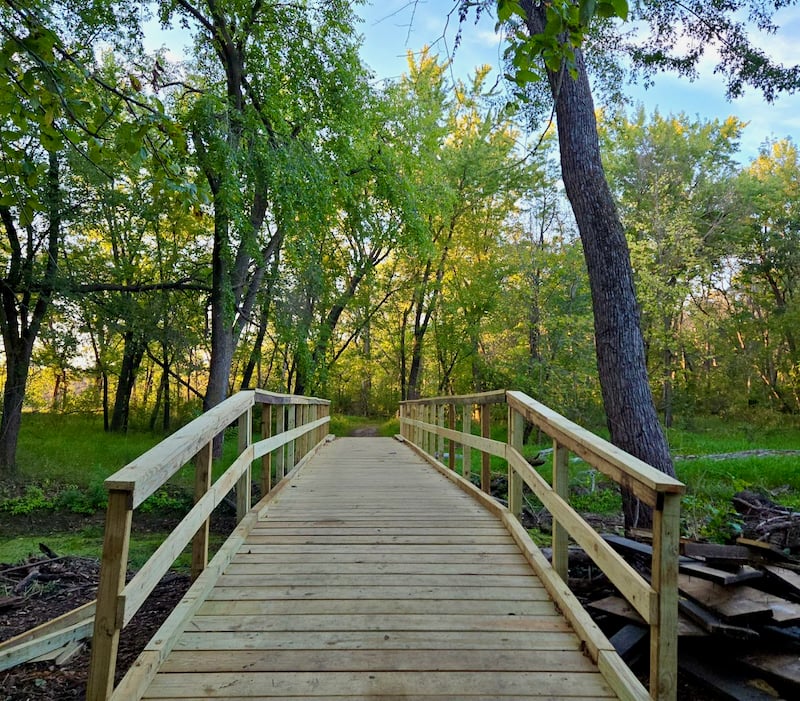 Look at that swell new bridge! Just a month ago, bits and pieces of the former bridge leading to the Sand Point Trail shoreline lay in scattered, desultory ruins after being pummeled by early-summer flooding. Now we have a handsome new bridge that, we must say, has quite a lovely new-bridge smell. Thanks, Frontenac State Park maintenance angels. / Photo by Pamela Miller