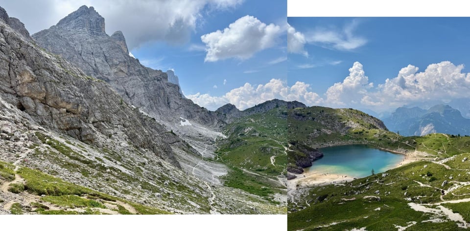 two pictures of Lago di Coldai stitched together