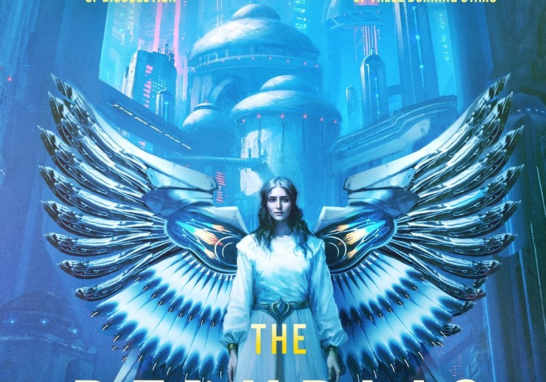 A woman wearing a simple robe with a fancy belt sorts massive metal wings in front of a futuristic cityscape