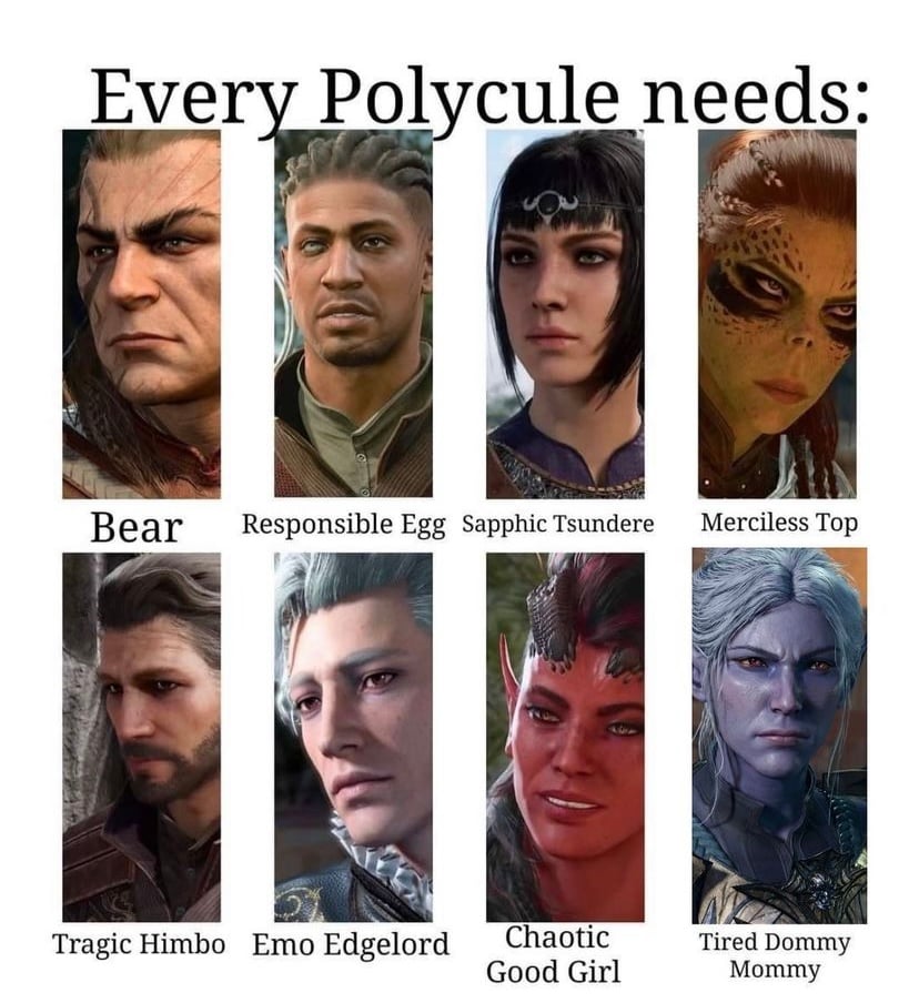 An image of the eight main characters from Baldurs Gate 3 with the title "Every Polycule needs:". For Halsin it says "Bear". For Wyll it says "Responsible Egg". For Shadowheart it says "Sapphic Tsundere". For Lae'zel it says "Merciless Top". For Gale it says "Tragic Himbo". For Astarion it says "Emo Edgelord". For Karlach it says "Chaotic Good Girl". For Minthara it says "Tired Dommy Mommy".