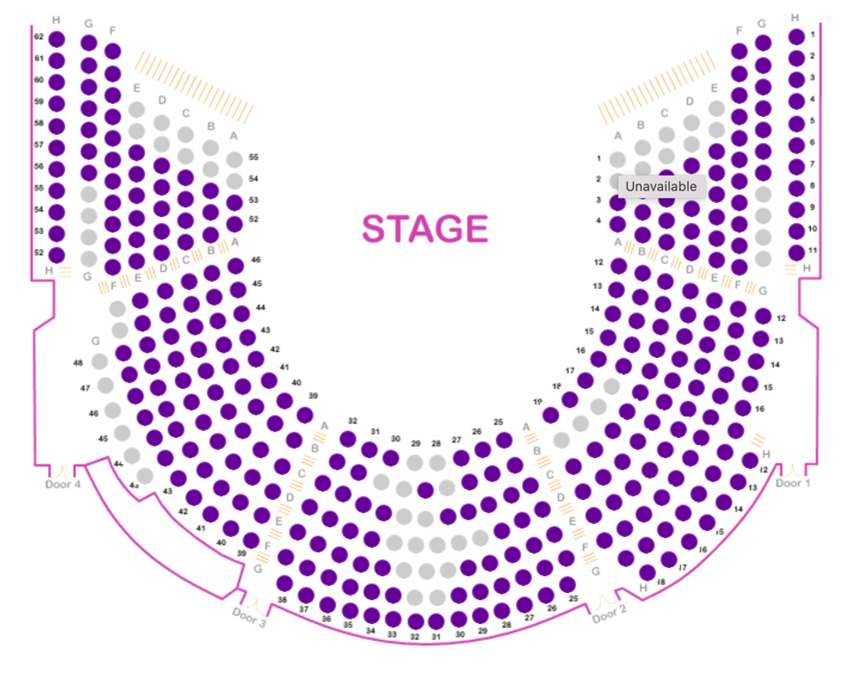A map of the Questor's auditorium with 21 seats sold.