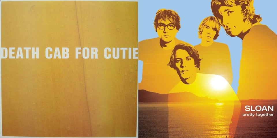 First pic: Extreme close-up photo of what I believe is a yellow-brown floorboard, or possibly a wall? There are drops of liquid on it, just barely discernible. Second pic: The four members of Sloan, their four heads rendered in yellow-tinted black and white, with outlines for the rest of their bodies. Through their bodies we see a photograph of a sunrise/sunset on the ocean, a bit of land jutting in from the left.