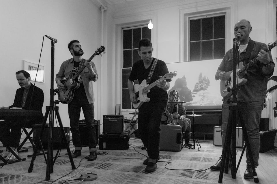 the 5 guys of Public Fiction looking cool in black + white