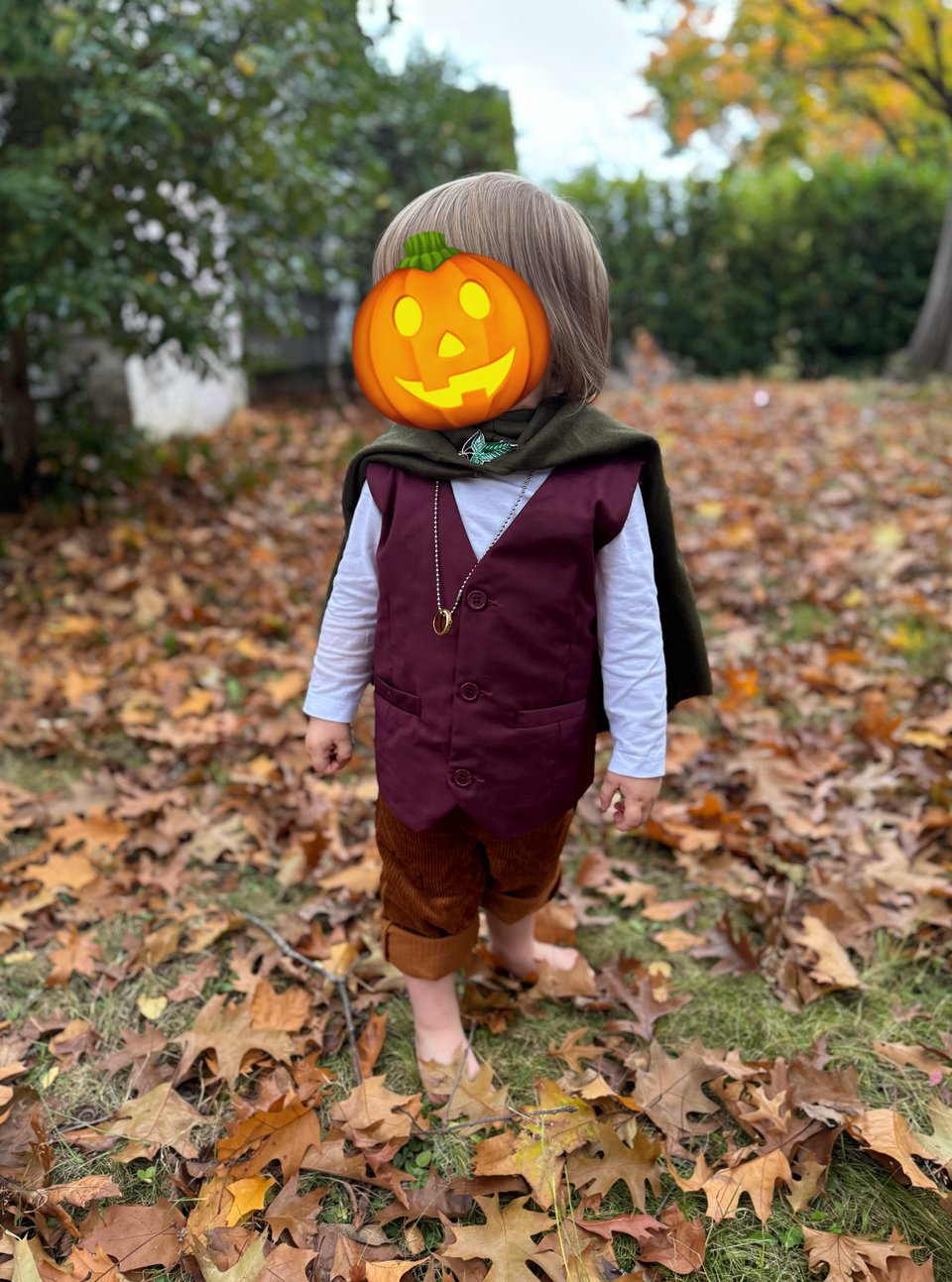 A small child dressed as Frodo the hobbit, standing in a leaf-covered yard. The child's face is covered with a jack o lantern emoji.