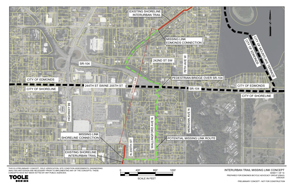 A map showing the vicinity of the "missing link" of the Interurban Trail, bisected by Hwy 104 at the Edmonds/Shoreline border.