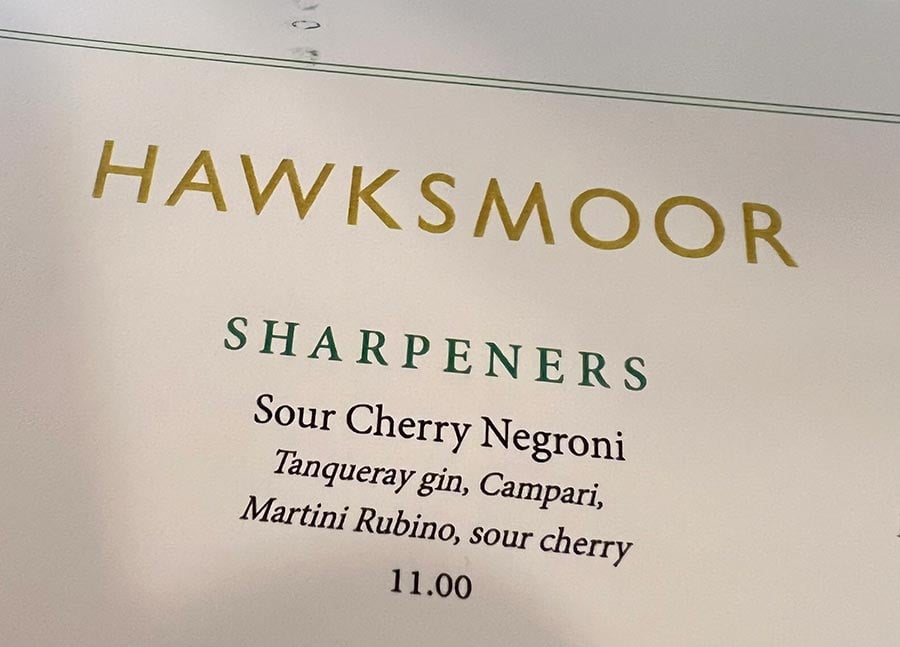 Photo of Hawksmoor menu showing Sharpeners