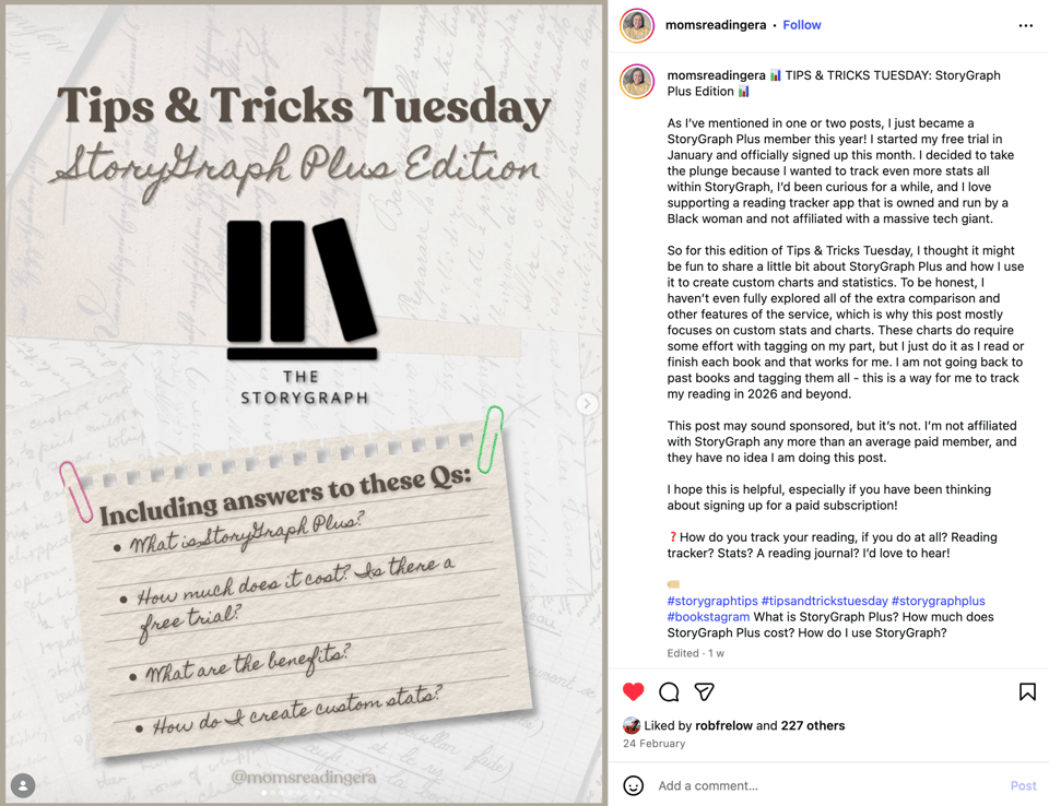 A “Tips & Tricks Tuesday: StoryGraph Plus Edition” Instagram post explaining how a reader uses StoryGraph Plus to create custom charts and statistics, with a caption praising the platform.