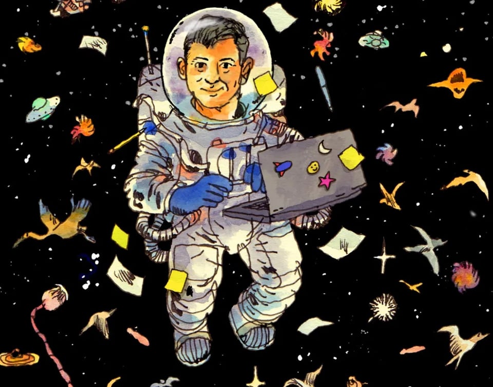 A picture of me in an astronaut suit, floating in space, surrounded by bird and tapeworms and other stuff