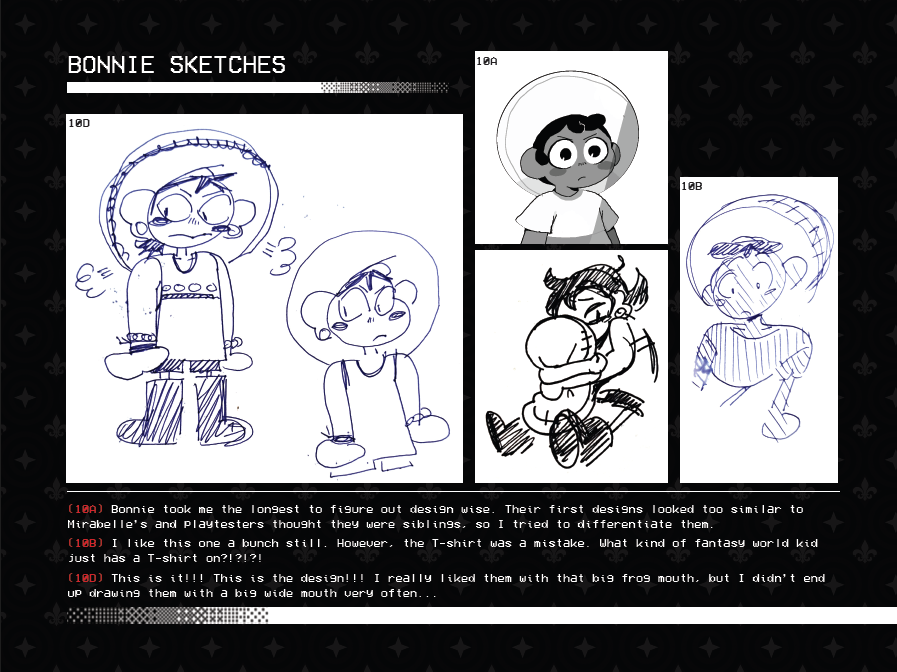 A work in progress page from the In Stars and Time artbook. It shows four preliminary drawings of Bonnie, most done with pen.