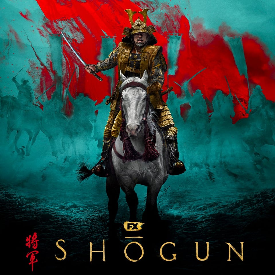 A poster the for TV show Shogun, showing Lord Toranaga on a white horse, dressed in full samurai armour