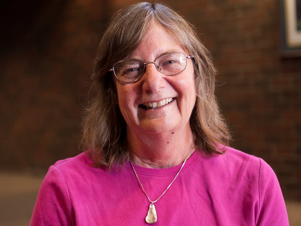 Headshot photo of Chris Henson, a white woman wearing a pink shirt and glasses. Background is an out of focus brick wall.
