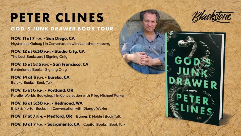A visual graphic showing a very old picture of the author, the cover of GOD'S JUNK DRAWER, and a list of signing events up and down the west coast of the US-- all information from previous newsletters