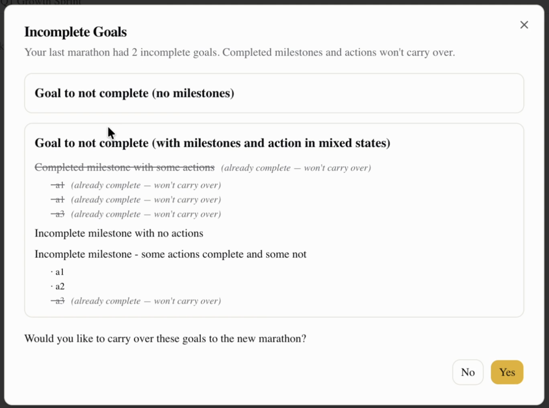 Incomplete goals dialog