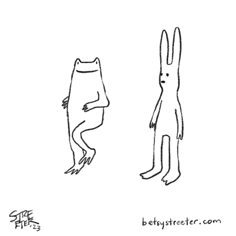 GIF animation of a frog dancing while their bunny friend looks on