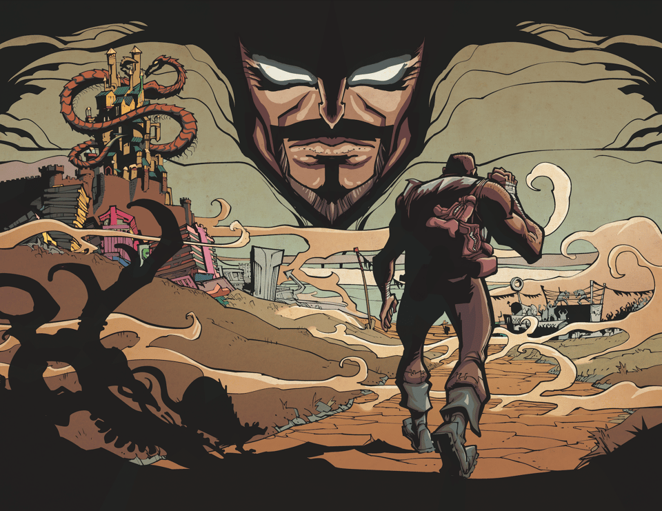 art from the cover of the Kings and Canvas collection by Jake Allen and Frank Reynoso, depicting the hero, Mammoth, heading down a road toward a town and a boxing ring. On the left, a castle with a dragon around it waits in the background and a frightening face looms over the scene—the face of the story's villain