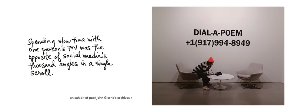 "Spending slow time with one person's POV was the opposite of social media's thousand angles in a single scroll."