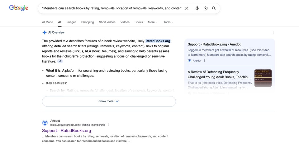 Google search for the phrase "members can search books by rating, removals, location of removals, keywords," from the initial RatedBooks email blast trying to solicit subscriptions to their new national book review index.