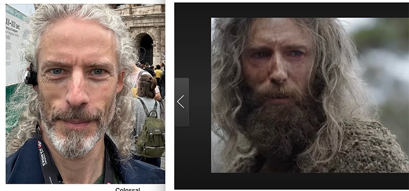 two photos: left, the newsletter writer with long curly hair; right, the guy who plays Young Gandalf in The Rings of Power, with similar hair, cheekbones, etc.