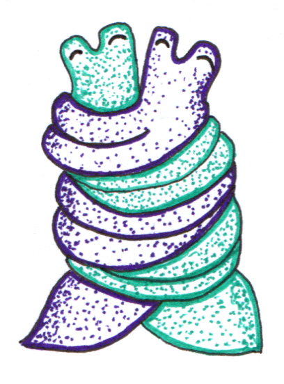 Doodle of a green octopus and a purple octopus hugging each other very tightly and looking happy. They're colored in with dots.