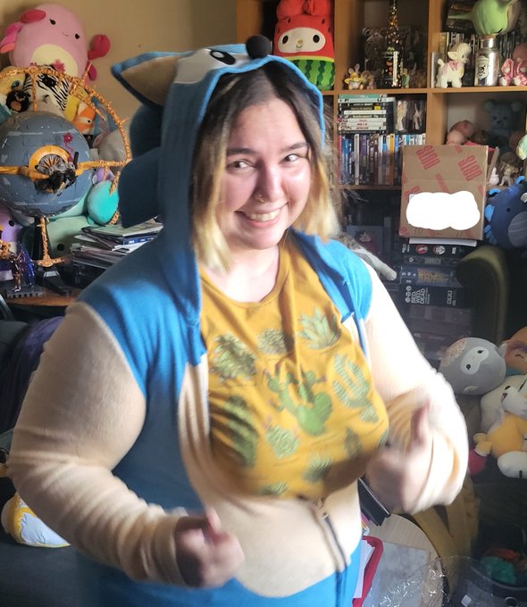 Rebecca in a very funny looking Sonic the Hedgehog union suit.