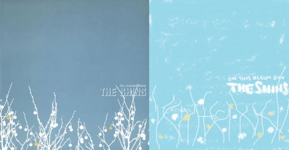 On a slate blue background, from the bottom are a series of branches in white silhouette. There are bulbs, mostly white but some gold, hanging from the branches.