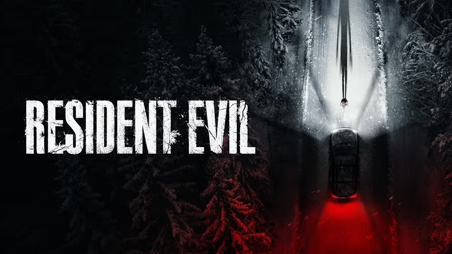 Resident Evil poster: the text and also an overhead shot of a stopped car on a dark, snowy road with a single person blocking the street