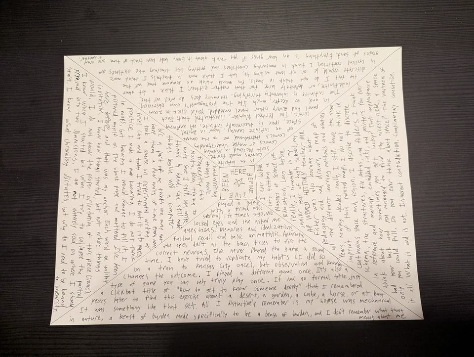 A piece of paper divided into four quadrants with a center piece reading: "I've been here before." Ful ltranscript in piece.