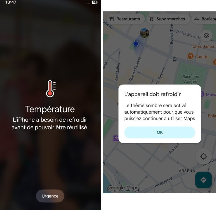 2 écrans de téléphone. "L'iphone a besoin de refroidir" et " L'appareil doit refroidir"
