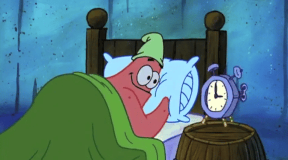 A screencap of Patrick Star in bed before he yells "Oh boy, 3AM!"
