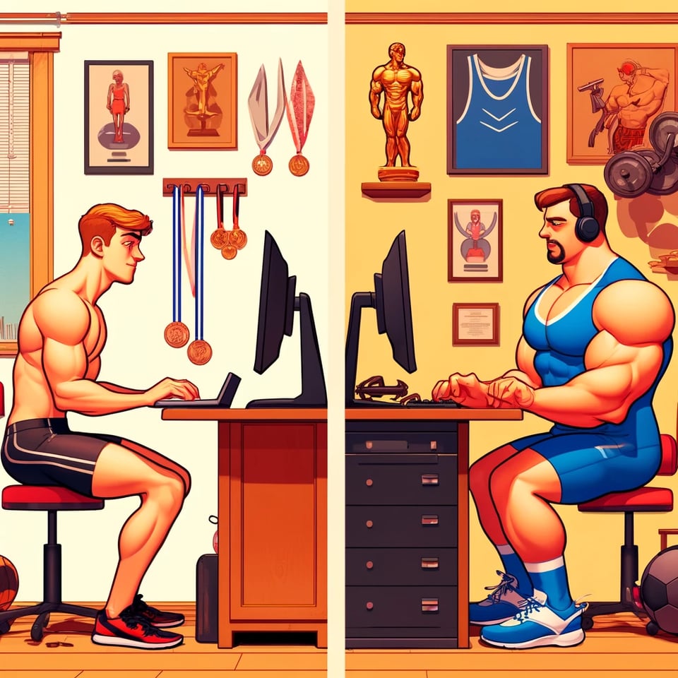 An AI generated image of 2 very fit men looking at computer screens. They are in different rooms, but the image positions them as if they are across from each other. One is shirtless (Tony, presumably) and the other is a giant beefcake (Kyle, I guess)