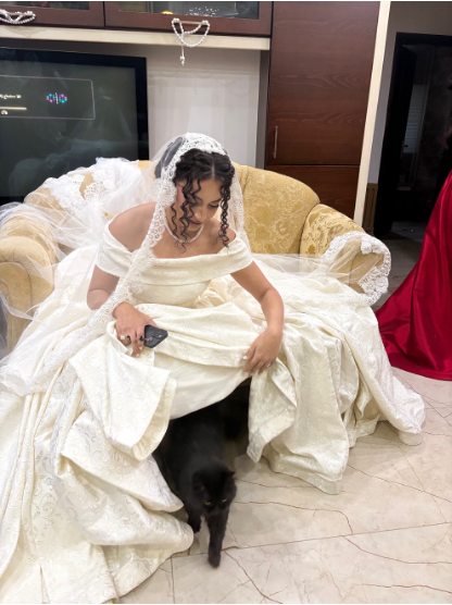 A woman in a white wedding dress sitting on a sofa, with a black cat walking out from under her skirt