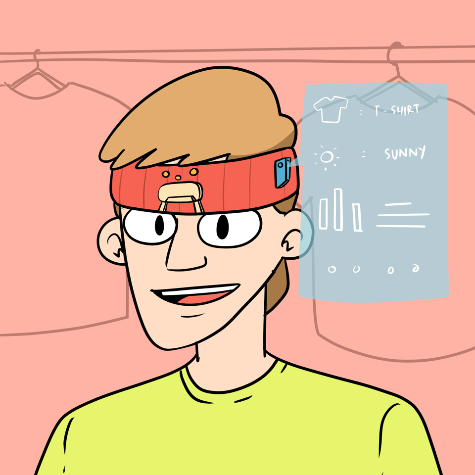 A man is standing in front of a wardrobe wearing a headband which is projecting some details like T-Shirt, Sunny and other data to help the man decide what to wear.