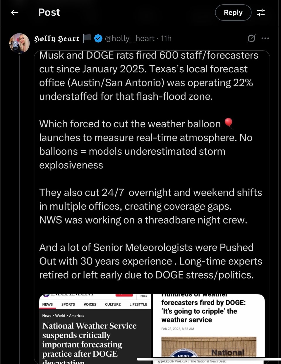 Tweet about National Weather Service in Houston being understaffed, thanks to Trump