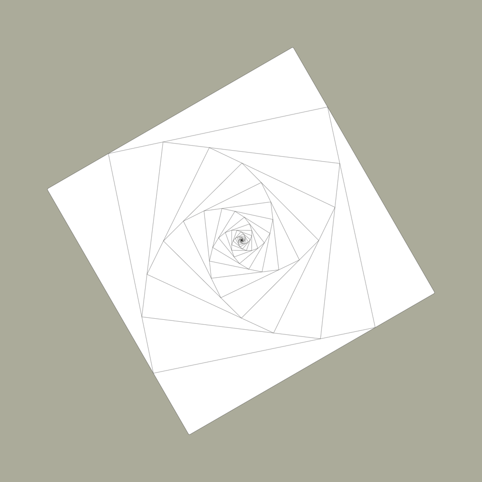 Squares inside squares in a recursive design. Inner sequares touch the edges of the parent square and is slightly rotated, creating a spiral effect. The squares are white with a thin gray edge.