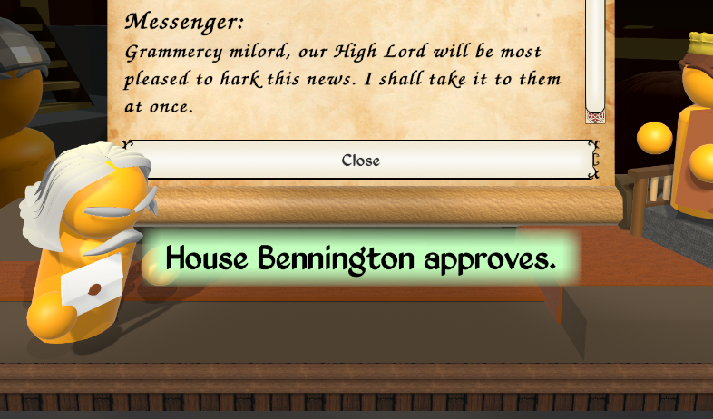 My Liege gameplay showing the new "House Blank Approves" notification that displays when you make a choice that impacts their opinion of you.