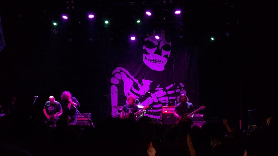 Orchid, a band, performing live in front of a skeleton banner