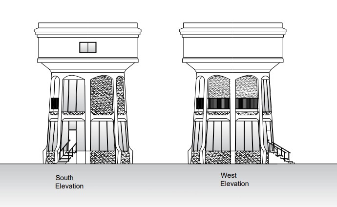 A drawing of the elevations of the water tower converted into a home. The ground and first floors have been blocked in within the concrete frame. Some walls are solid, some are glass and a couple are a balcony.