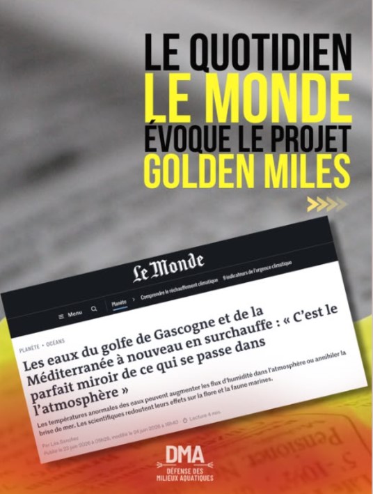 Le quotidien Le Monde du 23 juin 2026 titre sur l'inquiétant réchauffement des eaux du Golfe de Gascogne et de la Méditerranée.

Un consensus scientifique reconnaît que ce phénomène réduit significativement le poids des poissons et participe au déclin des débarquements observé depuis des années.

Heureusement, une solution existe. Il suffit de laisser le temps aux poissons de grossir et donc de différer leur capture. Pour y parvenir, il faut éviter l’interception des jeunes poissons par les filets. C'est le projet Golden Miles de l'Association Défense des Milieux Aquatiques, évoqué pour la toute première fois par le quotidien Le Monde :

"Il y a urgence à éloigner les filets de la bande côtière et de ses nourriceries de poissons." défend Philippe GARCIA, président de l'Association Défense des Milieux Aquatiques entre autres mesures.