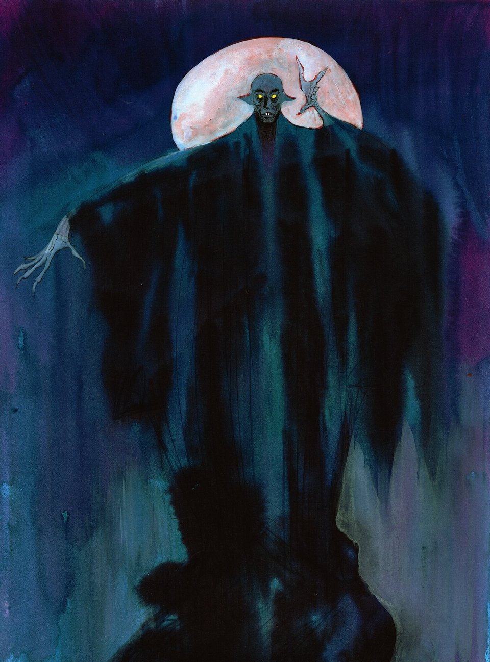A beautiful evocative illustration of Nosferatu the vampire, a pale figure with long ears and fingers, draped in flowing robes.