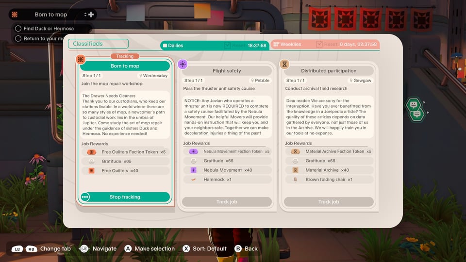 Screenshot of jobs available in our new job board. There are three daily jobs available and a tab to look at weekly jobs available. Each job has an explanation from the character making the request and its rewards for completing it.