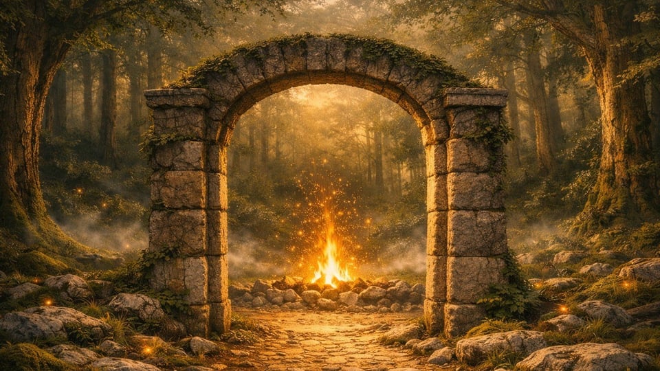 A Mythic Sanctuary artwork of a bright campfire that glows orange through an archway