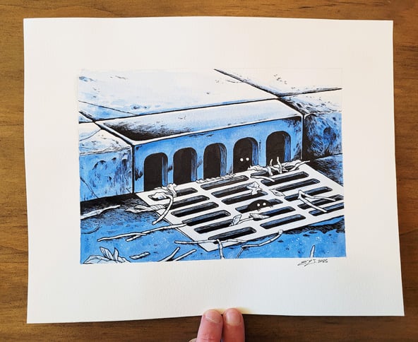 A traditional ink and gouache illustration of two small black blobs with eyes peering out of a storm drain. The colour scheme is entirely monochrome shades of blue.