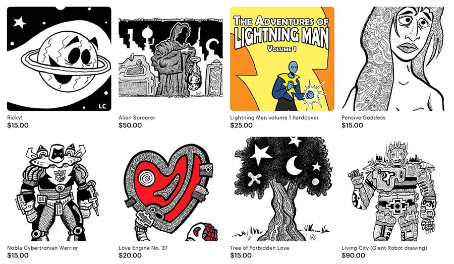 A screen shot from my Etsy shop, showing 8 items on sale. Seven of them are drawings, one is a book.