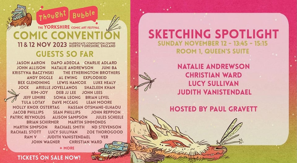 Screenshots of the guest line up & sketching spotlight at this years THOUGHT BUBBLE