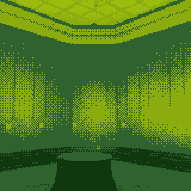 I greenscale, pixelated image of an empty room in the national gallery, London.